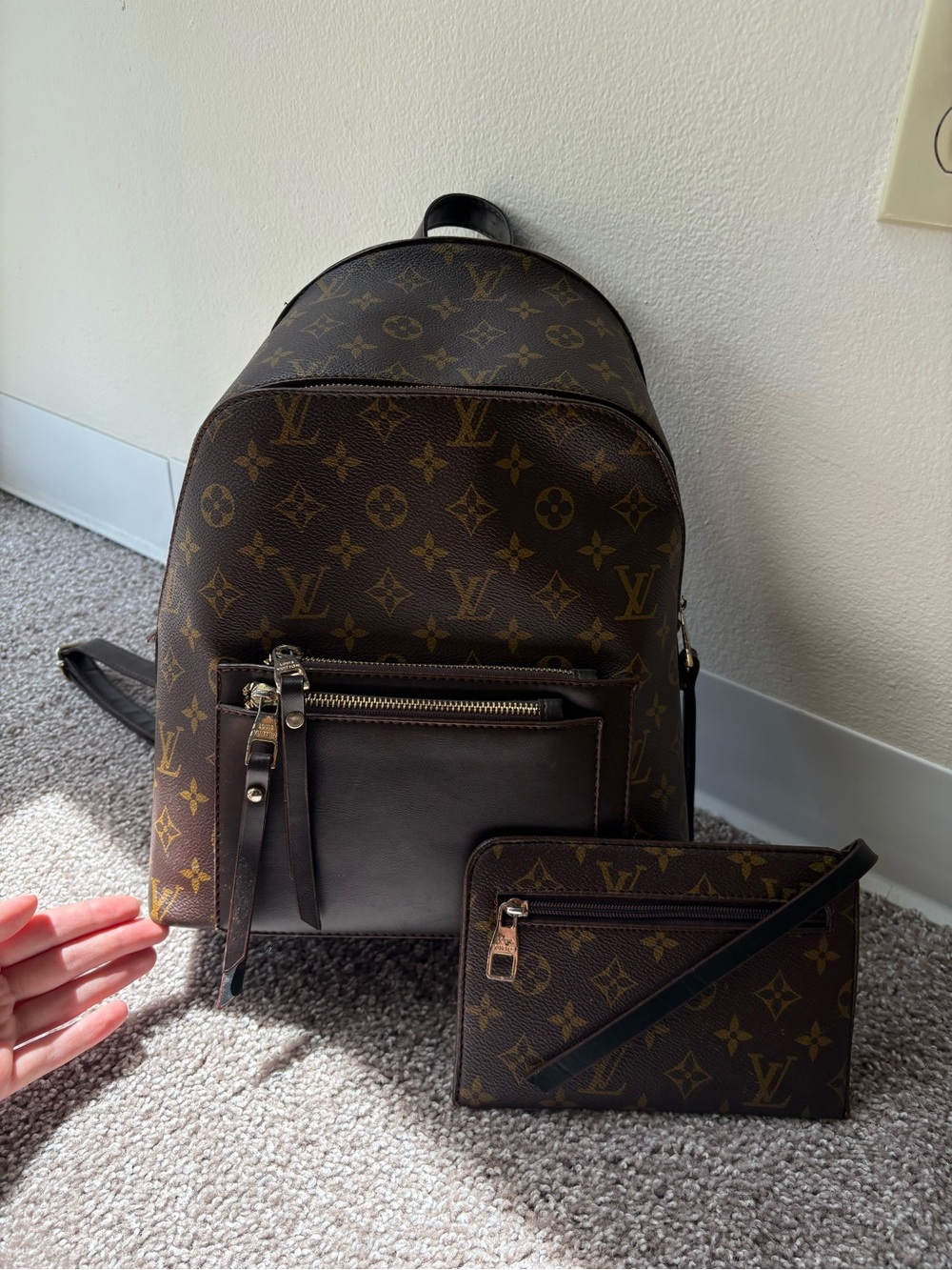 Monogram Pattern Brown Canvas Backpack with Matching Pouch